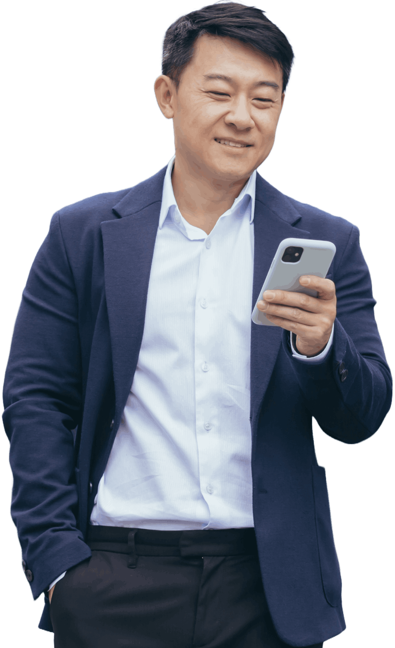 TRS Healthcare - Clients - Allied (Transparent) Cutout of an Asian businessman looking at his smartphone against a transparent background