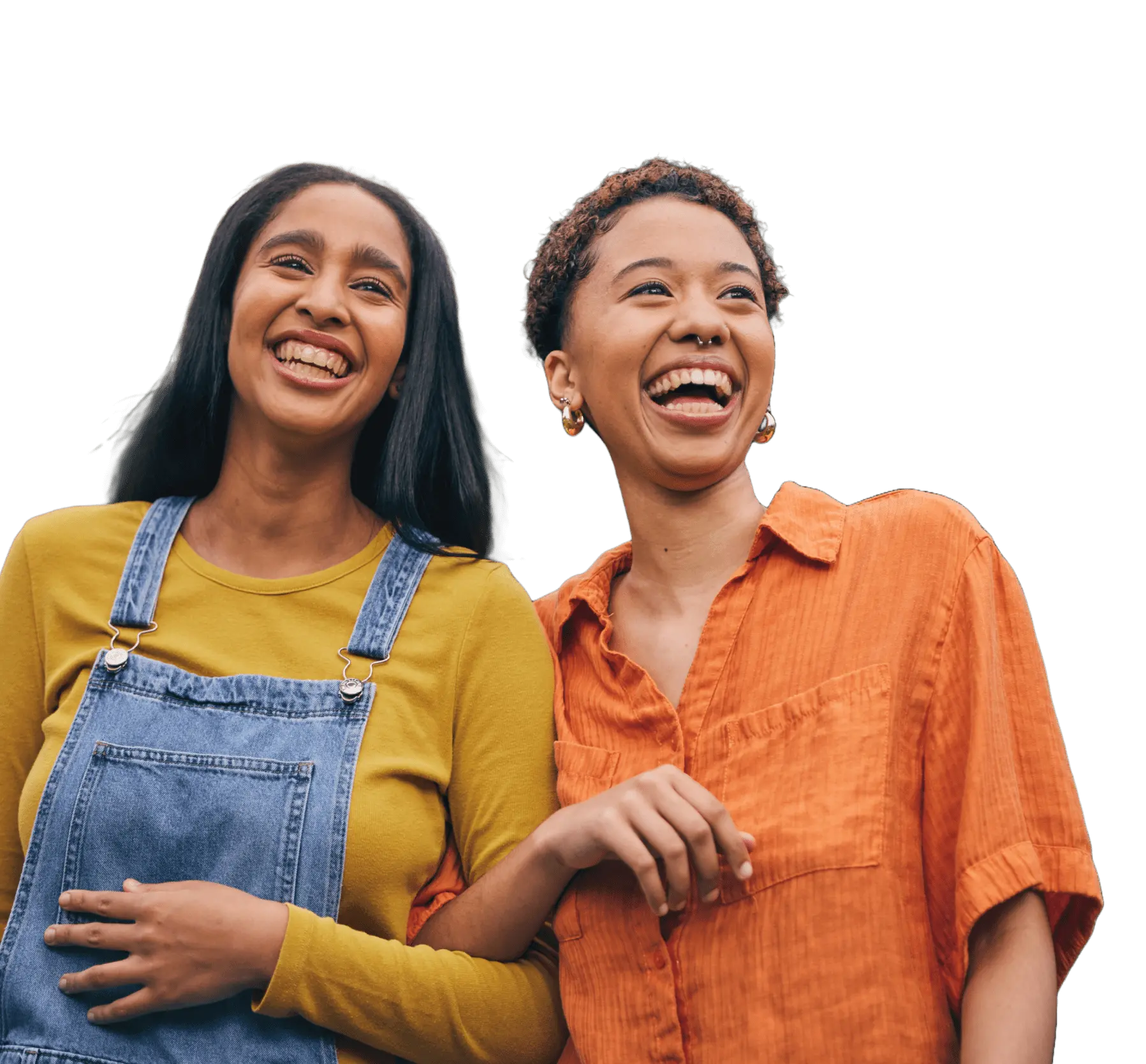 TRS Healthcare - Grow the Family / Refer a Friend (Transparent) Cutout of two young friends walking arm-in-arm laughing against a transparent background