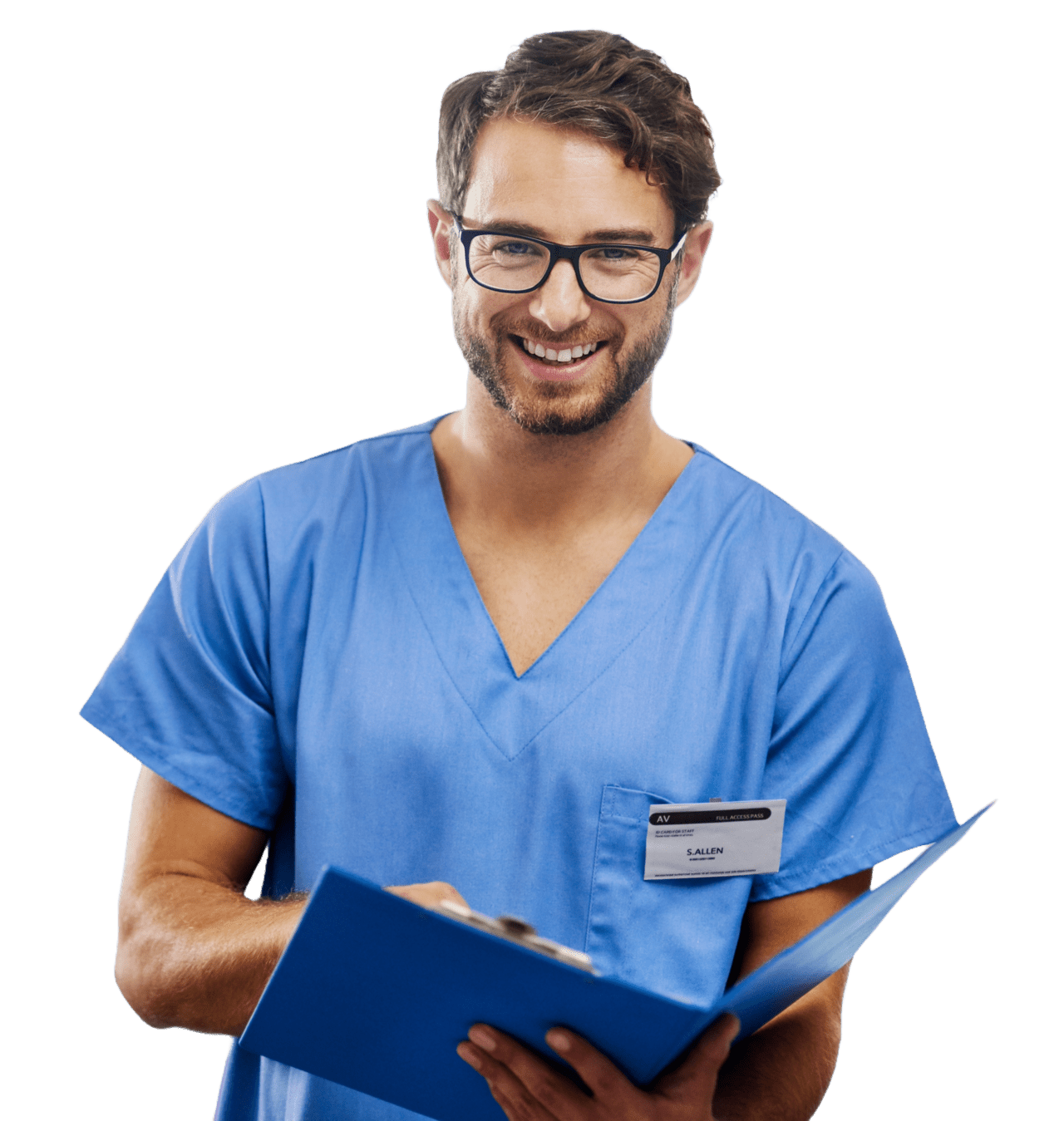 TRS Healthcare - Careers - Allied (Transparent) Cutout of young male nurse holding a folder against a transparent background