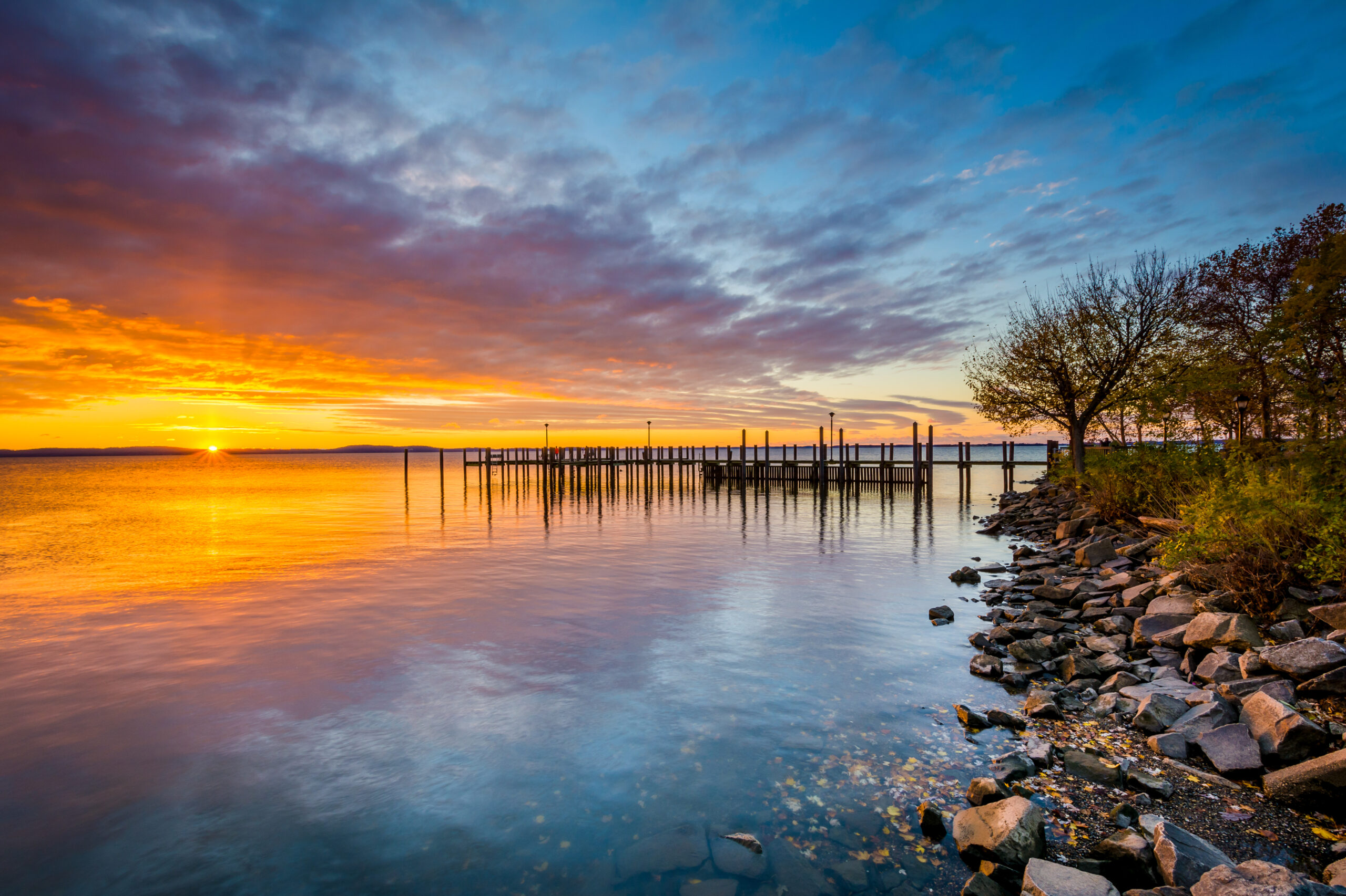 Travel Healthcare Jobs in Maryland Sunrise over dock and the Chesapeake Bay, in Havre de Grace, Maryland