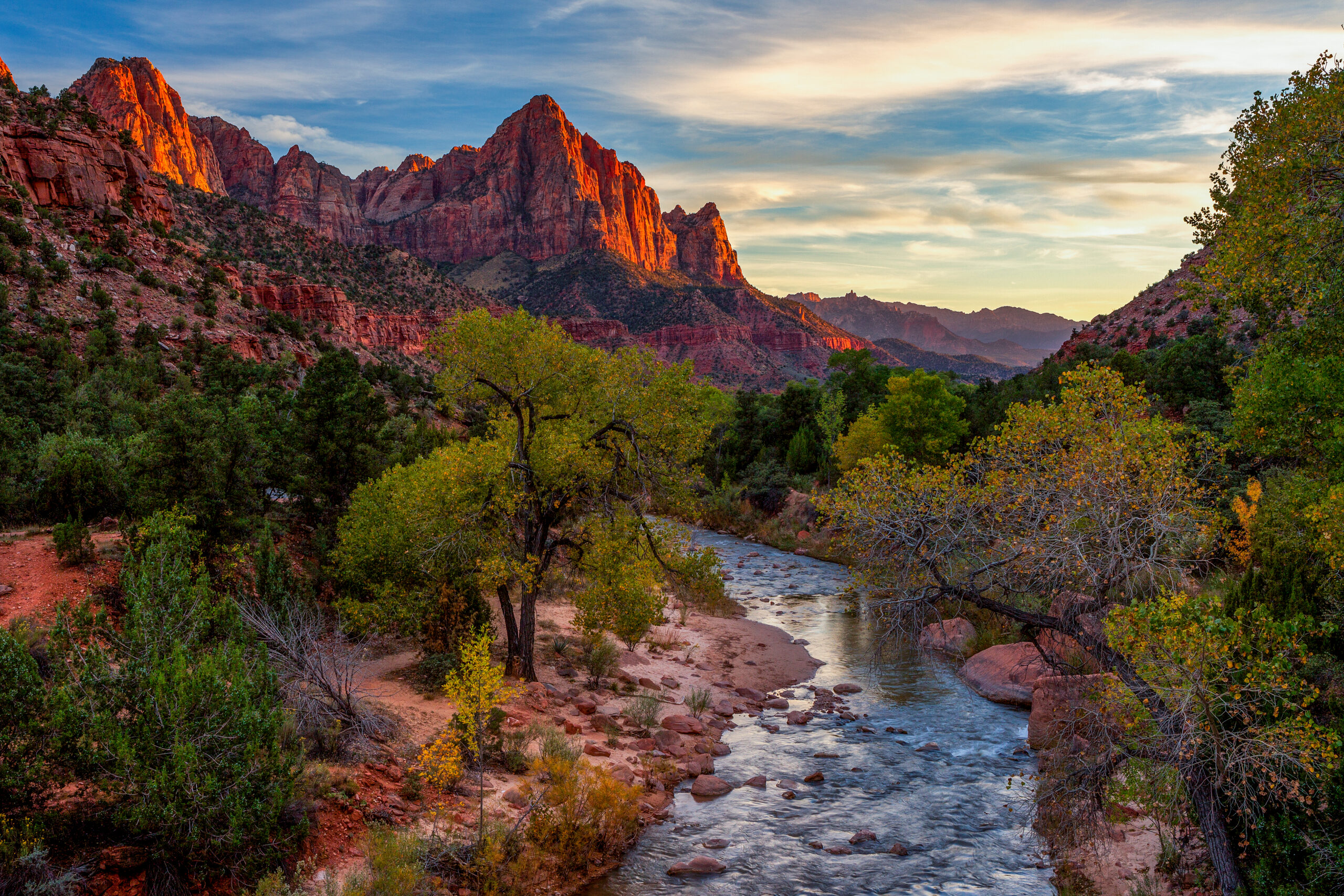 Travel Healthcare Jobs in Utah View of the Watchman mountain and the virgin river in Zion National Park located in the Southwestern United States near Springdale, Utah