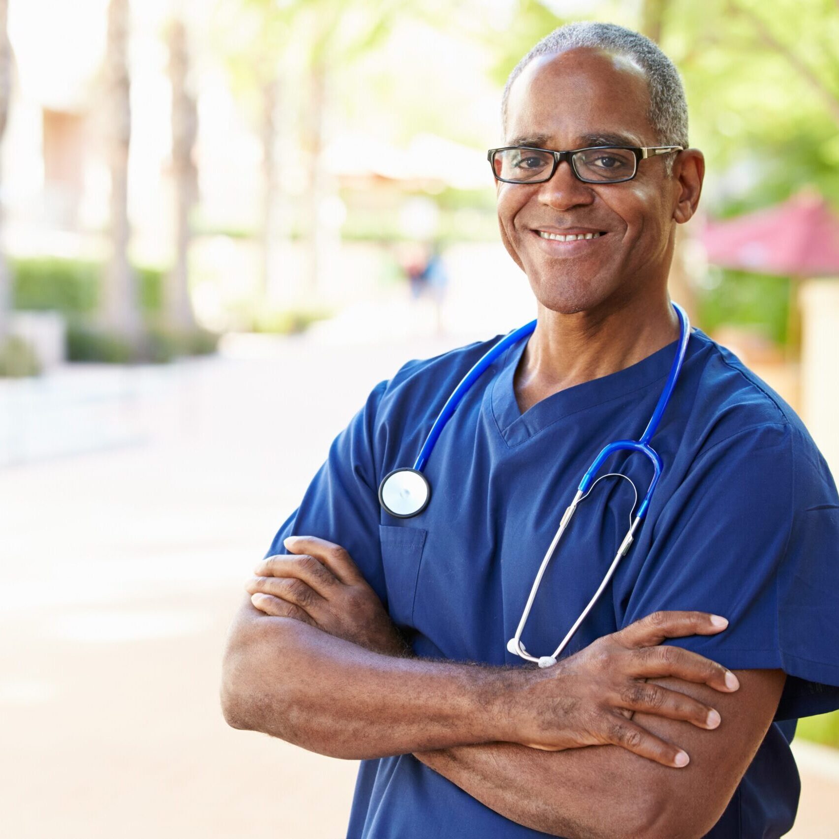 Middle-aged Black male nurse with stethoscope